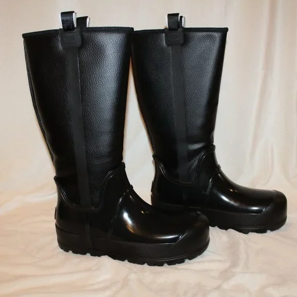 NIB UGG RAINCLOUD TALL LEATHER SHEARLING LINED‎ WINTER RAIN BOOTS BLACK - Picture 2 of 7